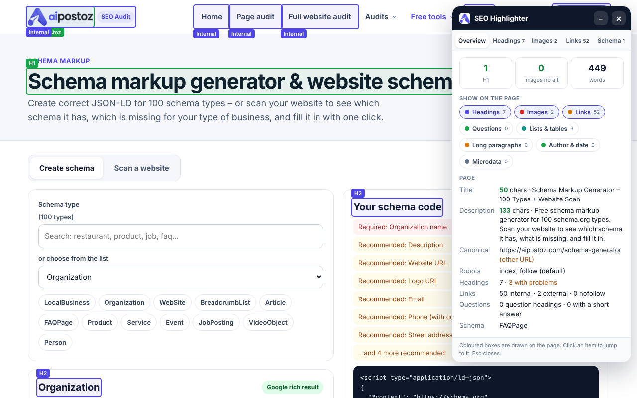 The live highlighter panel open on a web page, with boxes drawn around headings, images and links
